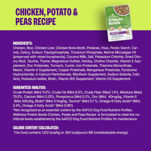 <p>Chicken, Rice, Chicken Liver, Chicken Bone Broth, Potatoes, Peas, Potato Starch, Carrots, Celery, Sodium Tripolyphosphate, Tricalcium Phosphate, Marine Microalgae Oil (preserved with mixed tocopherols), Coconut Milk, Salt, Potassium Chloride, Dried Chicory Root, Taurine, Thyme, Magnesium Sulfate, Parsley, Choline Chloride, Vitamin E Supplement, Zinc Proteinate, Turmeric, Cumin, Iron Proteinate, Thiamine Mononitrate, Niacin, Vitamin A Supplement, Copper Proteinate, Manganese Proteinate, Pyridoxine Hydrochloride, d-Calcium Pantothenate, Riboflavin Supplement, Sodium Selenite, Folic Acid, Potassium Iodide, Biotin, Vitamin B12 Supplement, Vitamin D3 Supplement.</p>
