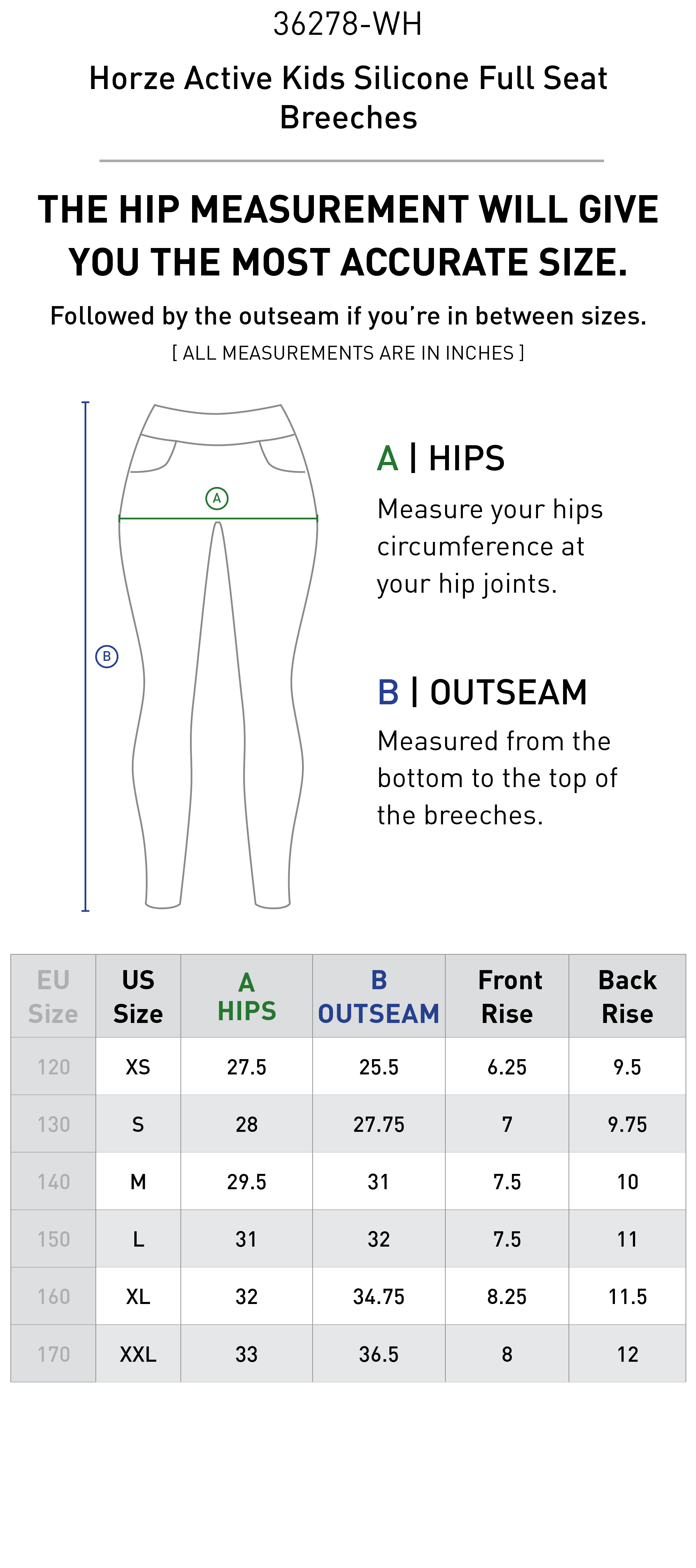 Size chart for Horze Active Kids Silicone Full Seat Breeches - White