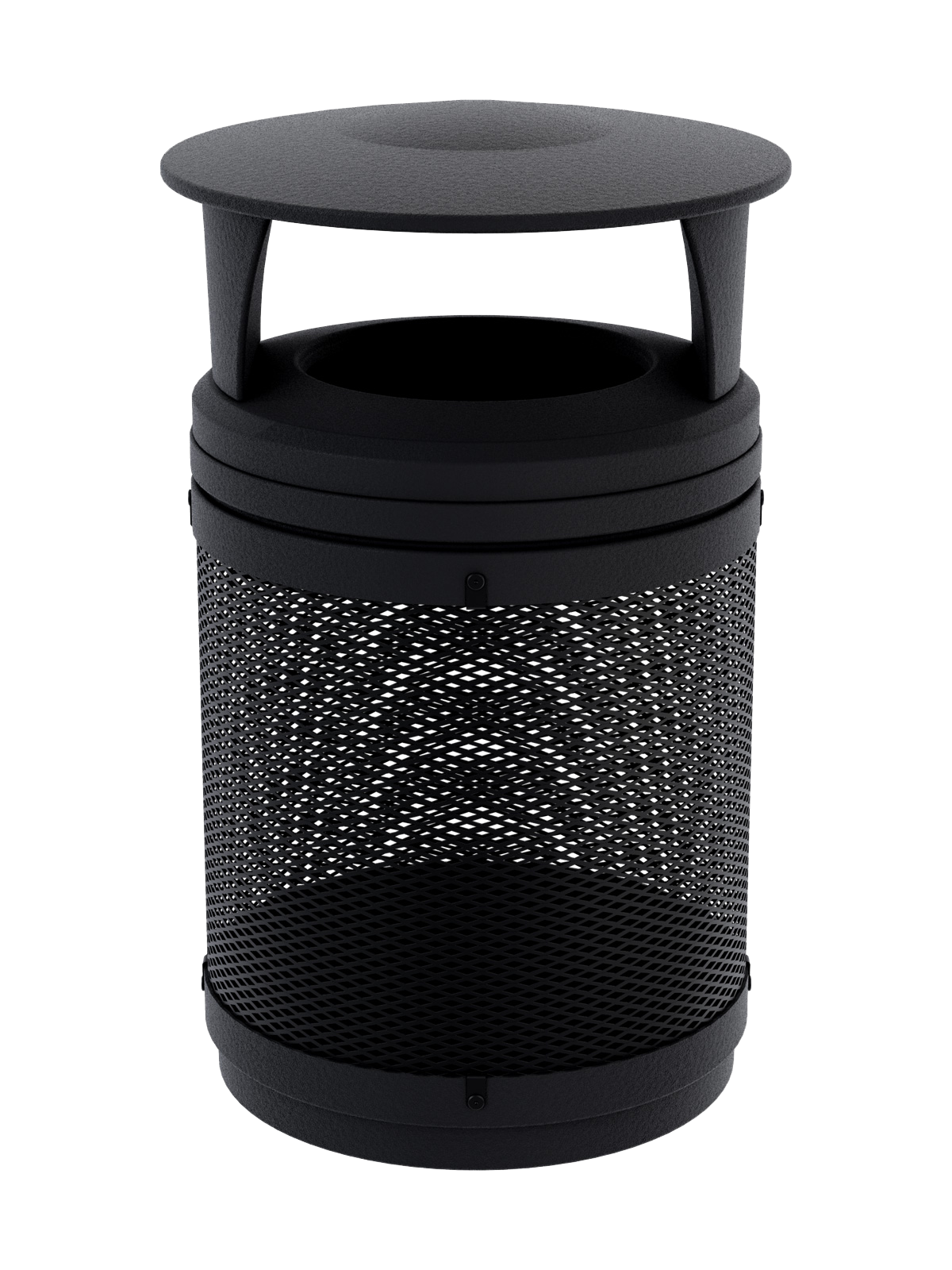 metal mesh body waste container with black plastic canopy lid and base for visible collection and security