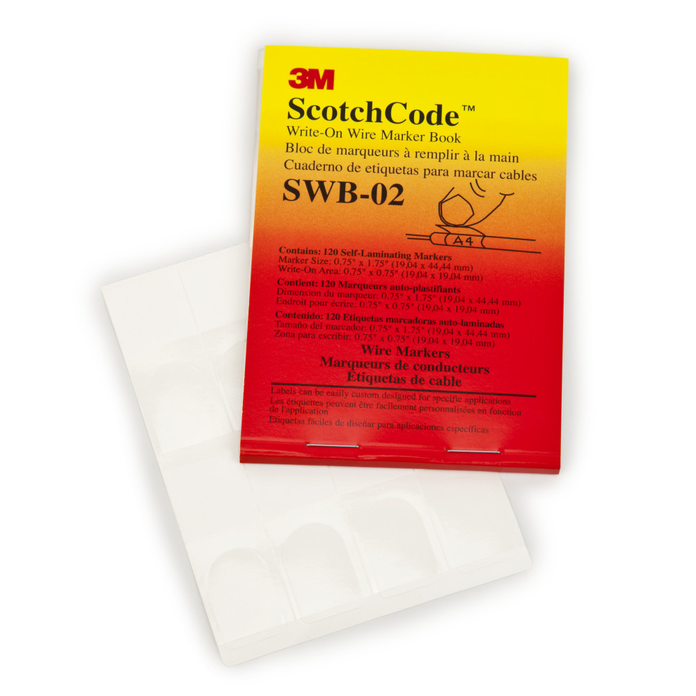 3M™ ScotchCode™ Write-On Wire Marker Books SWB contain self-laminating, write-on markers designed for small volume applications involving special or complex legends that are hand written at the job site.