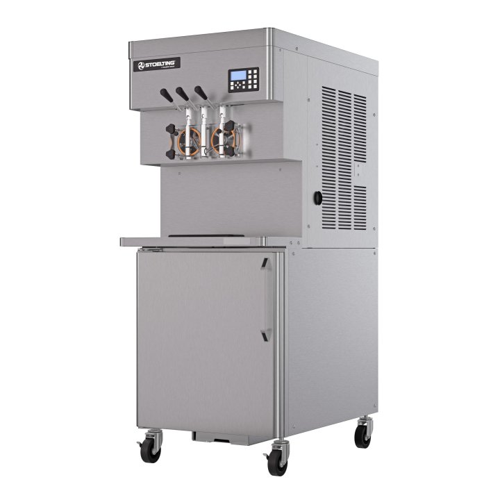 208- to 240-volt 3-phase water-cooled pressurized twin-twist soft serve and frozen yogurt freezer with 16-gallon refrigerated mix storage cabinet and side handles