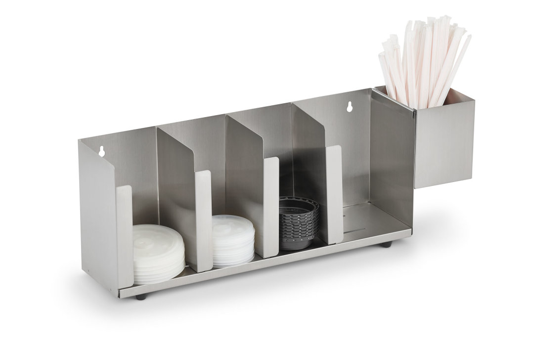 Horizontal lid organizer with four adjustable lid compartments and one straw holder