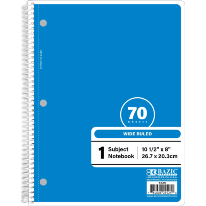 1-Subject Spiral Notebook, Wide Ruled, 70 Count, Blue