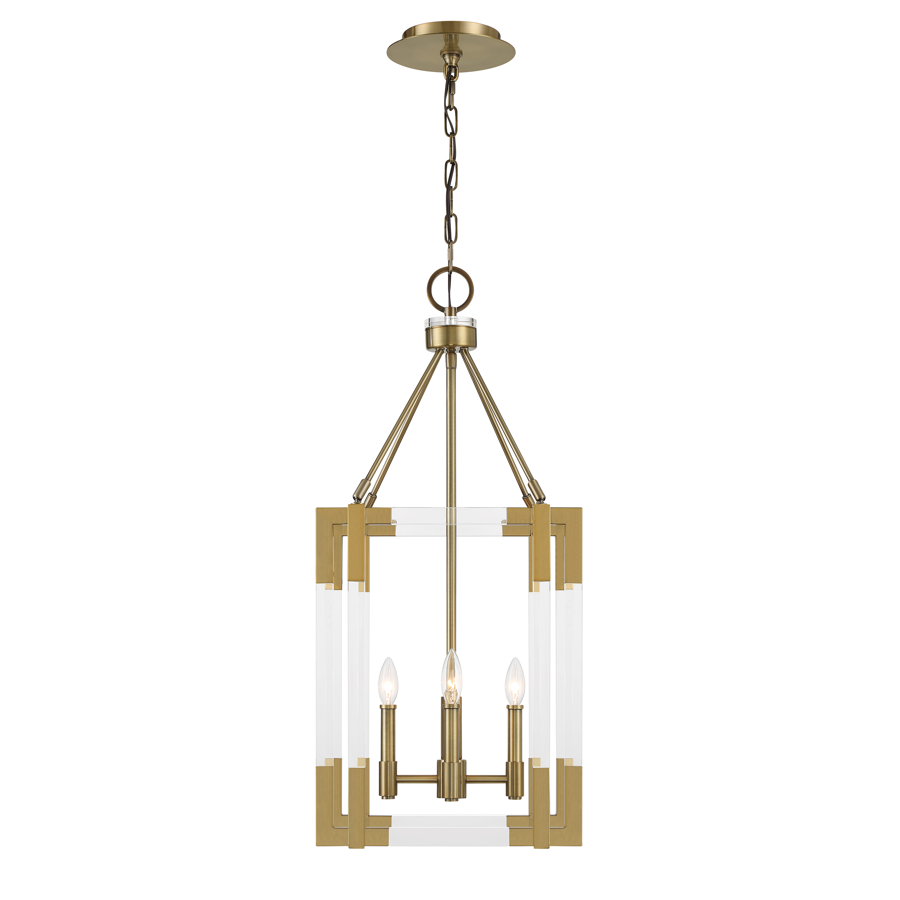 The Prima Vista pendant combines aged antique brass with acrylic and crystal accents for a sophisticated contemporary look. Its 15-inch width makes it versatile for dining rooms and kitchen islands while the warm brass finish adds timeless elegance. - alternate view