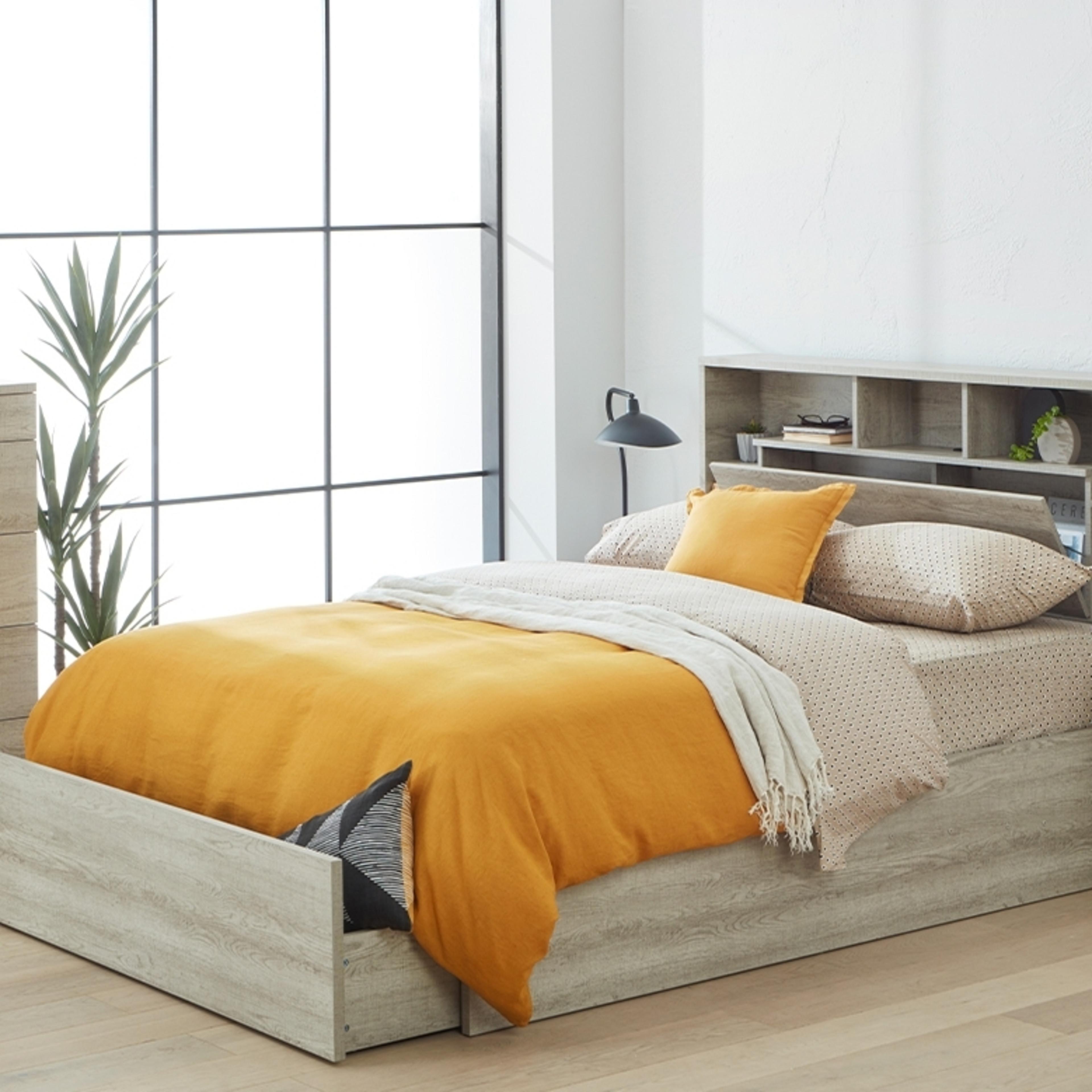 Lifestyle image of the  Argo Bed Frame, Gas Lift & End Drawer Base, Rustic Ash from Forty Winks