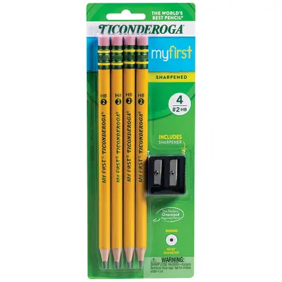 Ticonderoga My First Wood-Cased Pencils, Pre-Sharpened, #2 HB, With Sharpener, Yellow, 4 Count