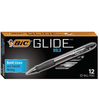 BIC® Glide™ Bold Retractable Pens, Black, Box of 12