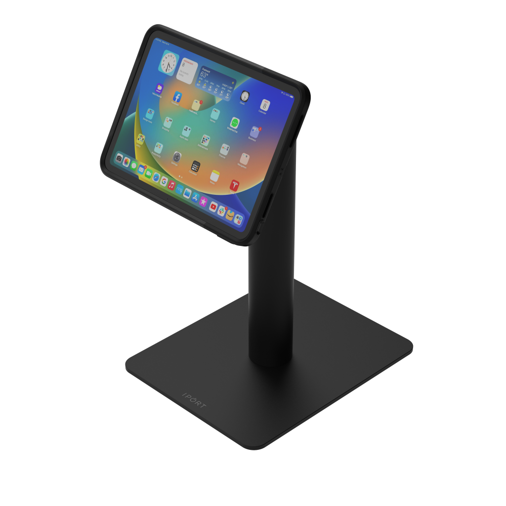 CONNECT MOUNT Pillar Single iPads on a Baseplate in black fifteen inches high with a CONNECT MOUNT head and Hirose H10 Connection.