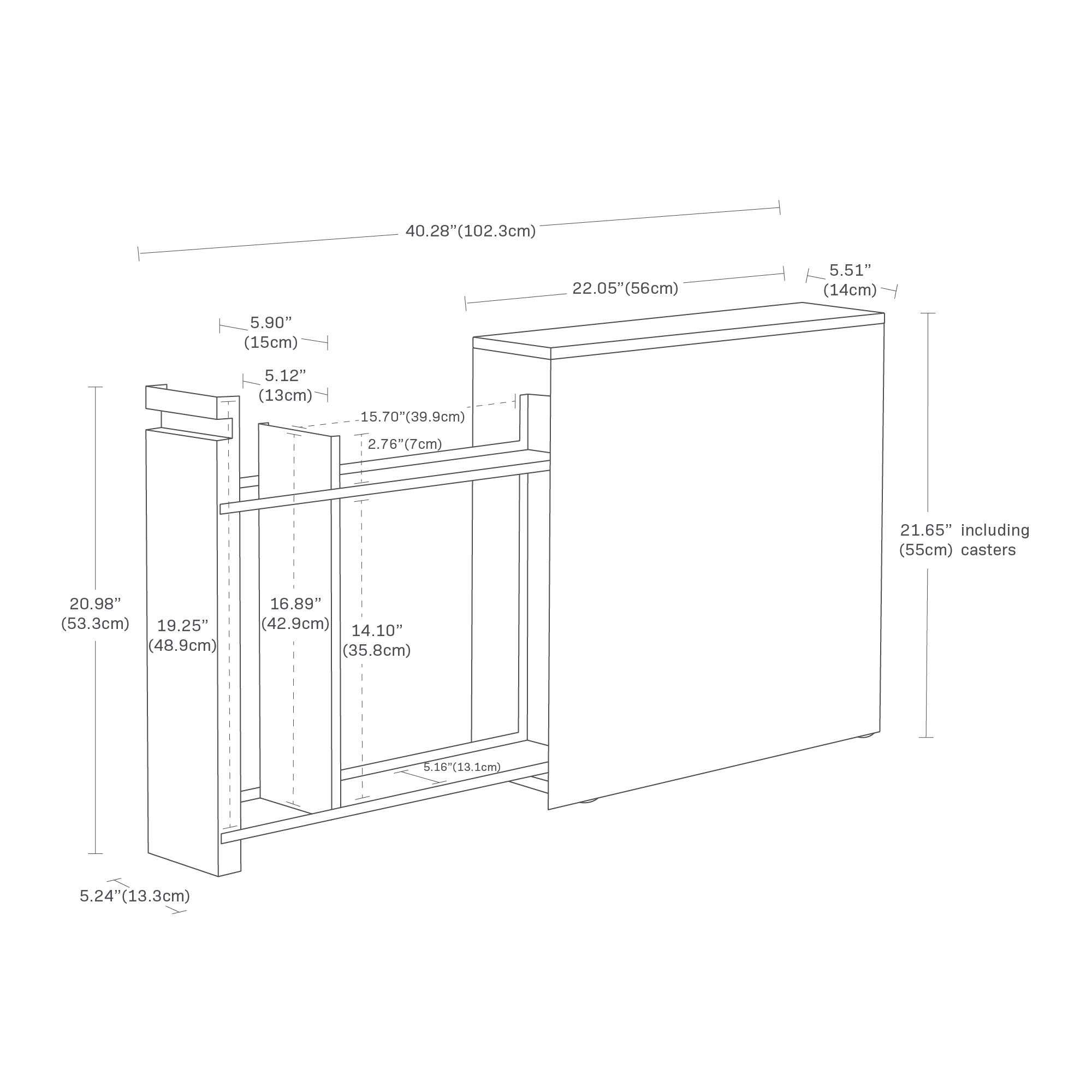 The image shows a pull-out bathroom storage cabinet with dimensions: height is 21.65" including casters, width is 22.05", and depth is 5.51". The pull-out section is 20.98" high and 5.24" wide. The inner shelf widths are 15.70" and 12.76". Shelf heights are 16.89" and 14.10". The base width is 5.16".