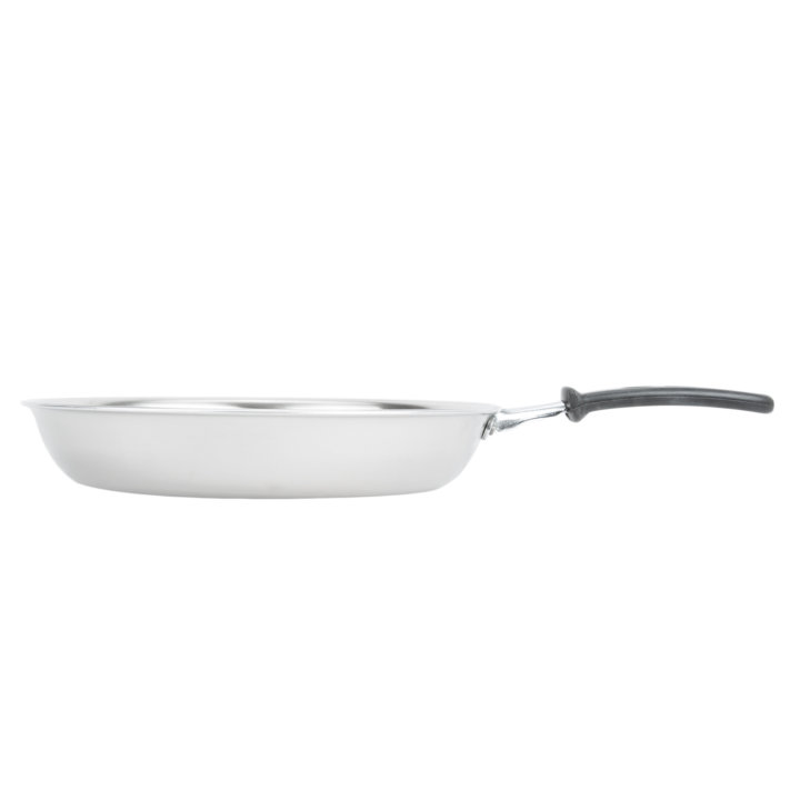 12-inch Tribute® 3-ply fry pan with natural finish and TriVent silicone handle
