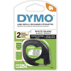 LetraTag Paper Label Tape, 1/2 Inch x 13 Feet, Black on White, 2 Rolls