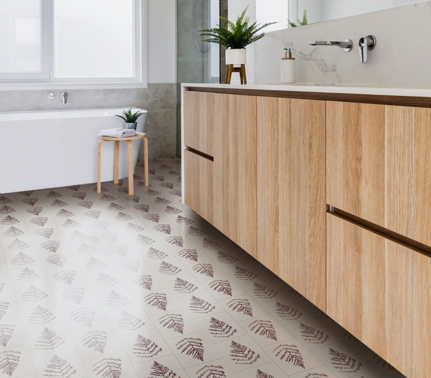 a bathroom with a wooden vanity and tiled floor.