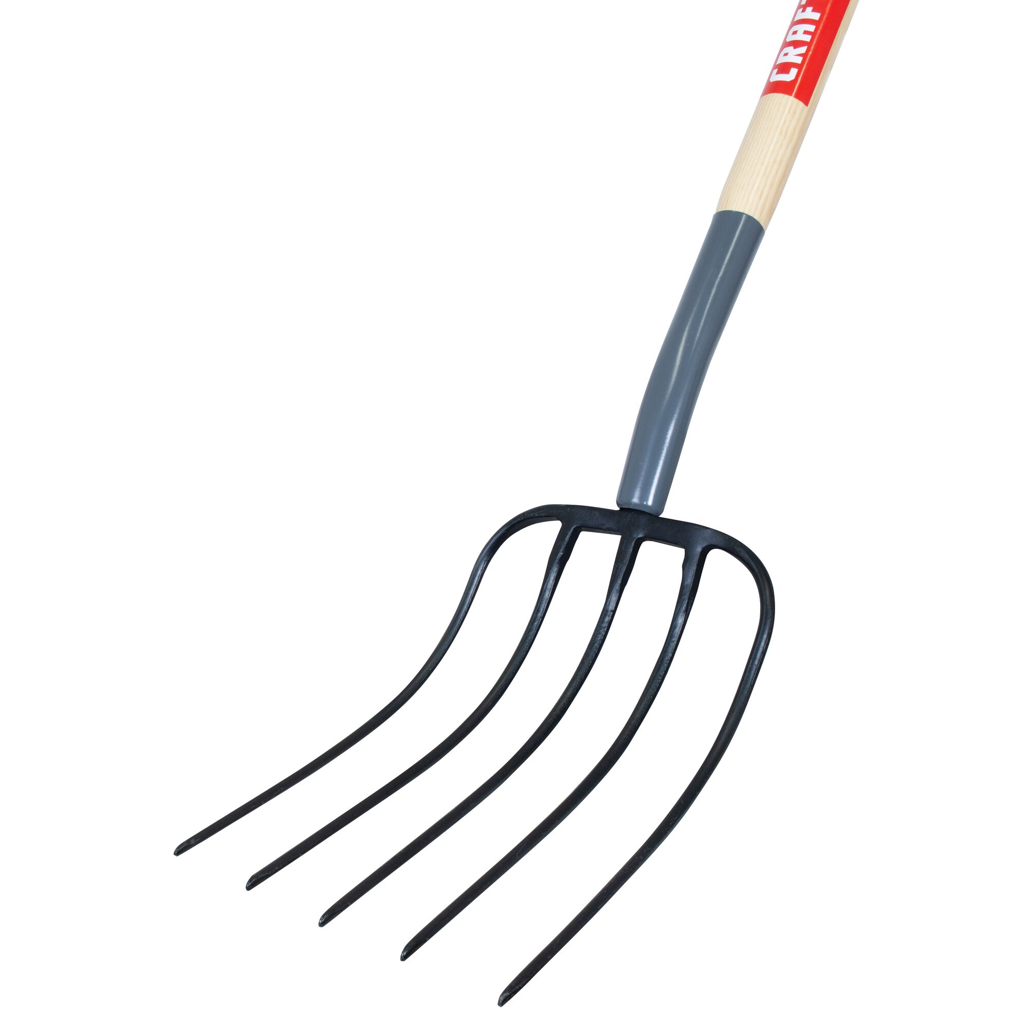 Left profile of wood handle manure fork.