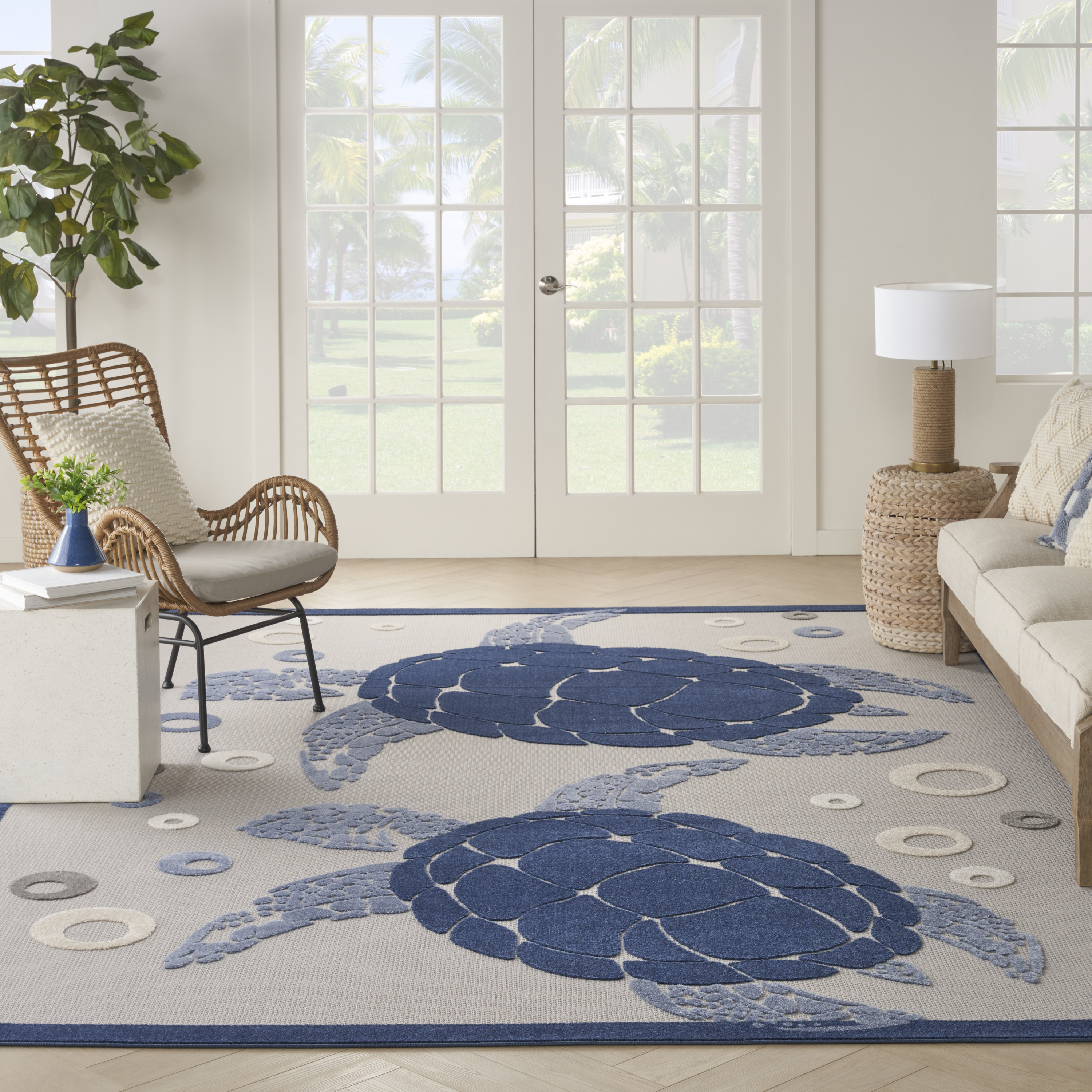 Nourison Aloha 7'10" x 10'6" Navy Blue Coastal, Nautical & Beach Rug