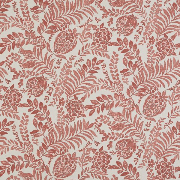 Patterned wallpaper (coral-red botanical prints of leaves, flowers and pomegranate-like fruit) — printed in repeating motifs — photographed flat as a close-up sample on a cream background, evenly lit.