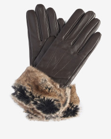 Faux-Fur Trimmed Leather Gloves Dark Brown