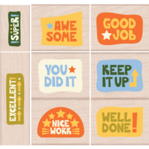 Woodblock Reward Stamps, Bold Encouragement Messages, 8 Piece Set