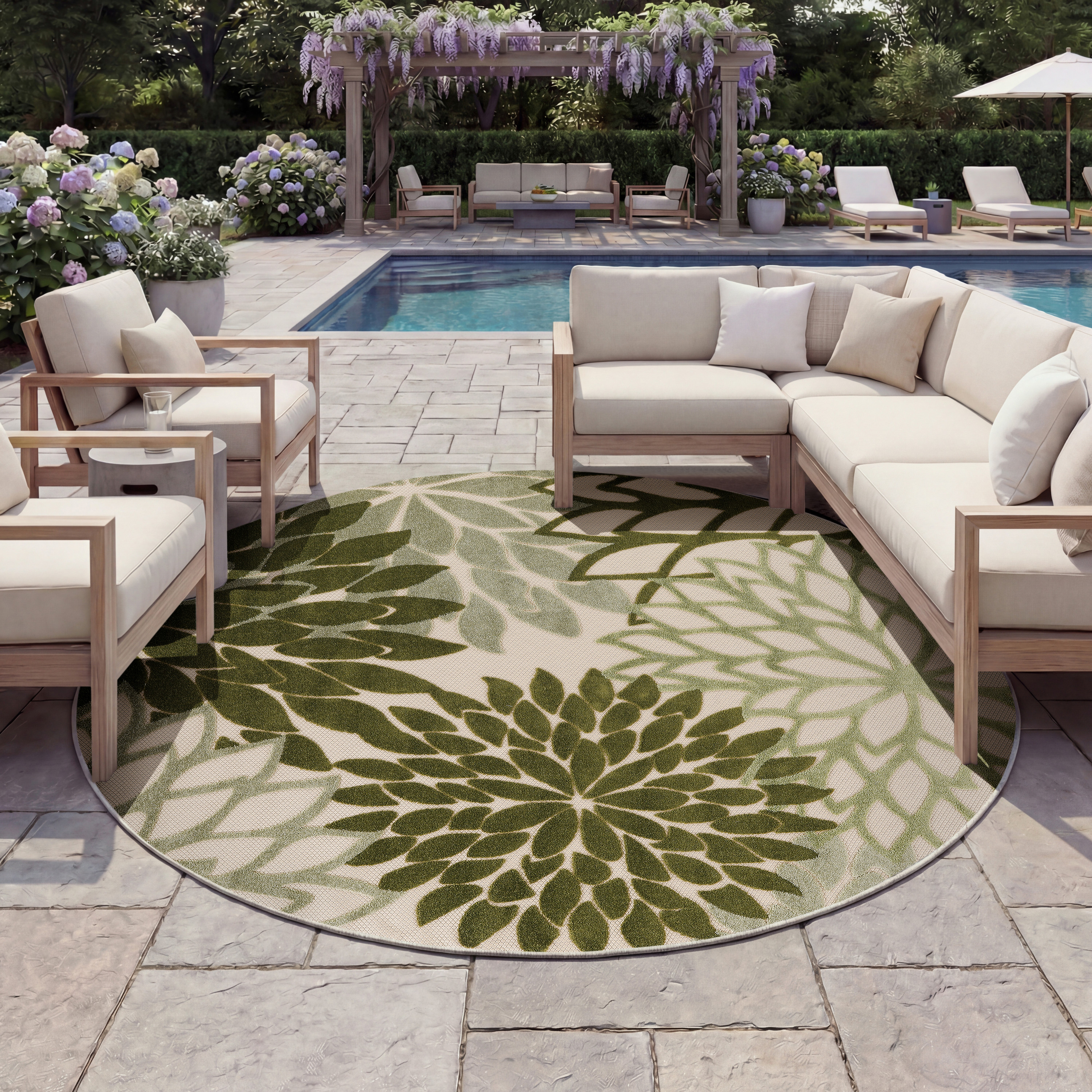 Nourison Aloha 7'10" x Round Ivory Green Tropical Rug