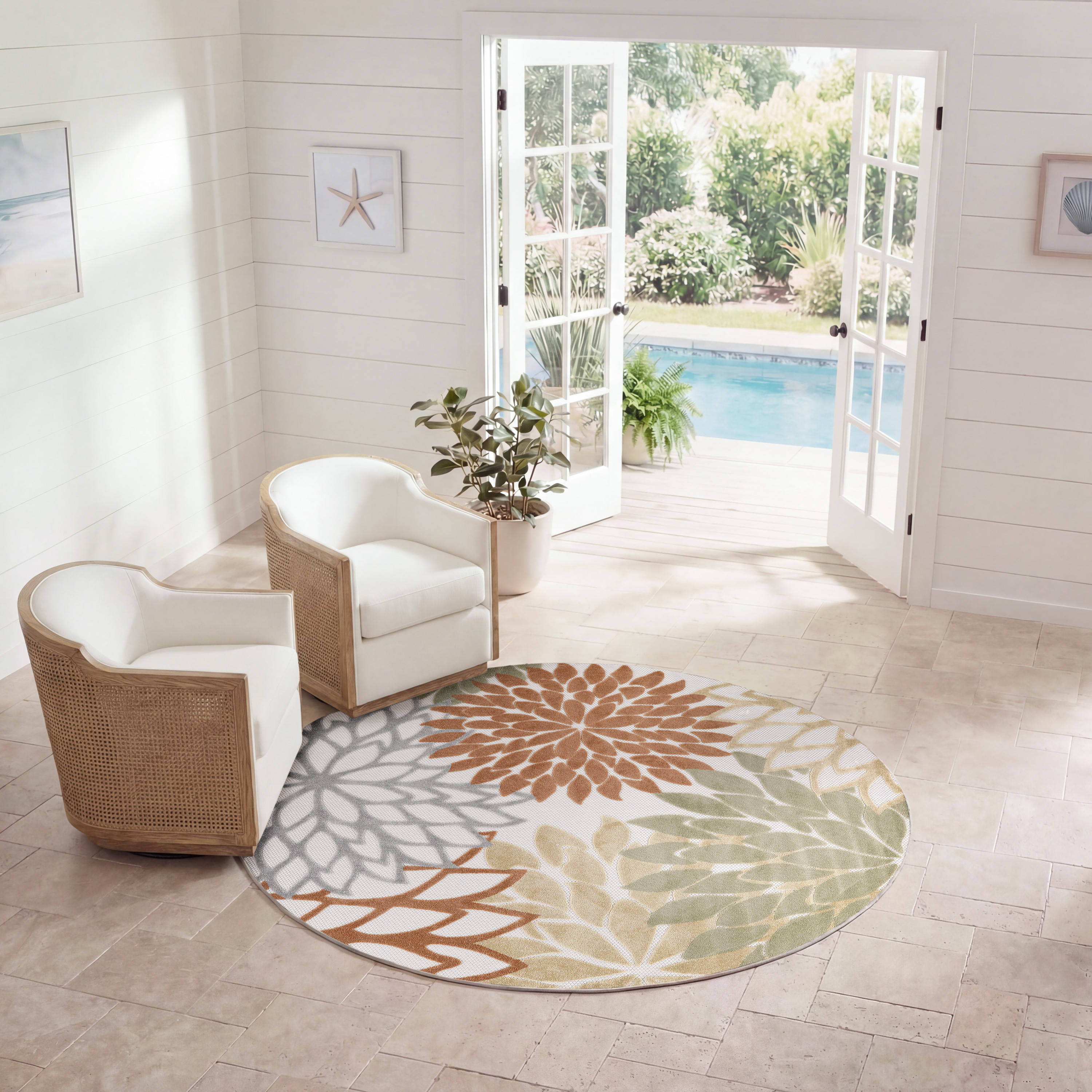 Nourison Aloha 5'3" x Round Ivory Multicolor Outdoor Rug