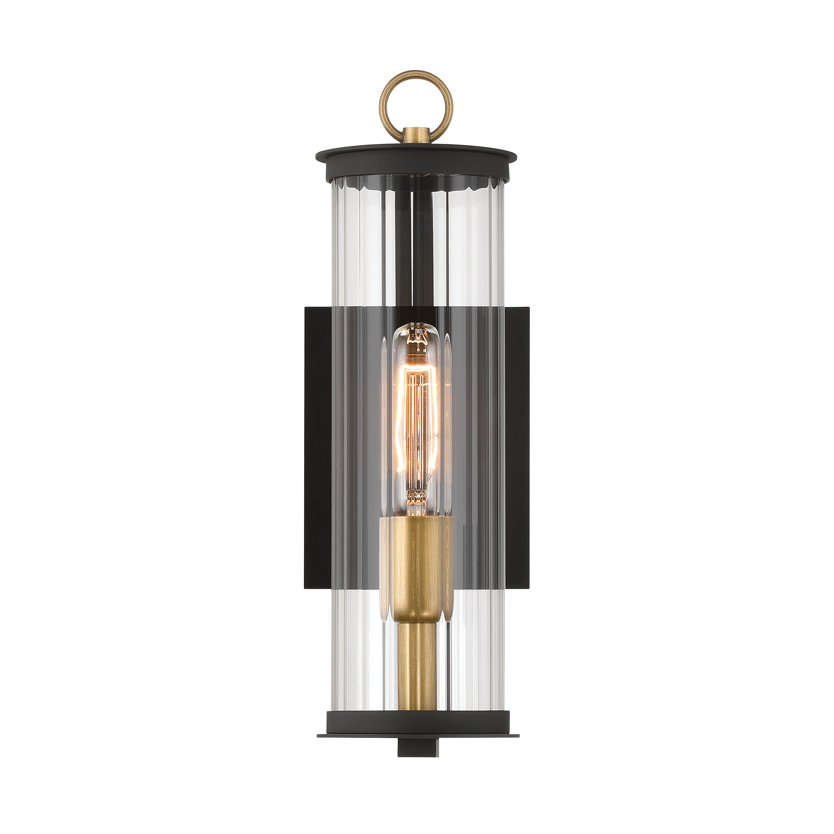 The Cara outdoor wall sconce combines modern industrial aesthetics with practical outdoor lighting. Its compact 14-inch profile features dark matte black finish with legacy brass accents and distinctive ribbed glass. - alternate view