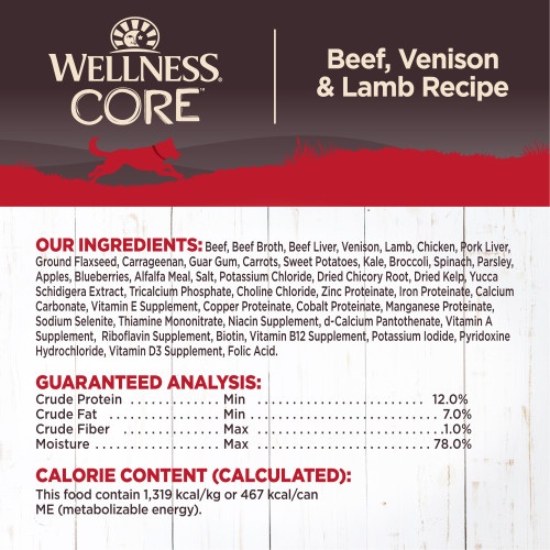 <p>Beef, Beef Broth, Venison, Beef Liver, Lamb, Chicken, Pork Liver, Ground Flaxseed, Carrageenan, Dried Plain Beet Pulp, Guar Gum, Fish Oil (Preserved With Mixed Tocopherols), Carrots, Sweet Potatoes, Kale, Broccoli, Spinach, Parsley, Apples, Blueberries, Potassium Chloride, Salt, Dried Chicory Root, Dried Kelp, Yucca Schidigera Extract, Sunflower Oil, Choline Chloride, Zinc Proteinate, Iron Proteinate, Vitamin E Supplement, Tricalcium Phosphate, Copper Proteinate, Cobalt Proteinate, Manganese Proteinate, Sodium Selenite, Thiamine Mononitrate, Niacin Supplement, d-Calcium Pantothenate, Vitamin A Supplement, Riboflavin Supplement, Biotin, Vitamin B12 Supplement, Potassium Iodide, Pyridoxine Hydrochloride, Vitamin D3 Supplement, Folic Acid.</p>
