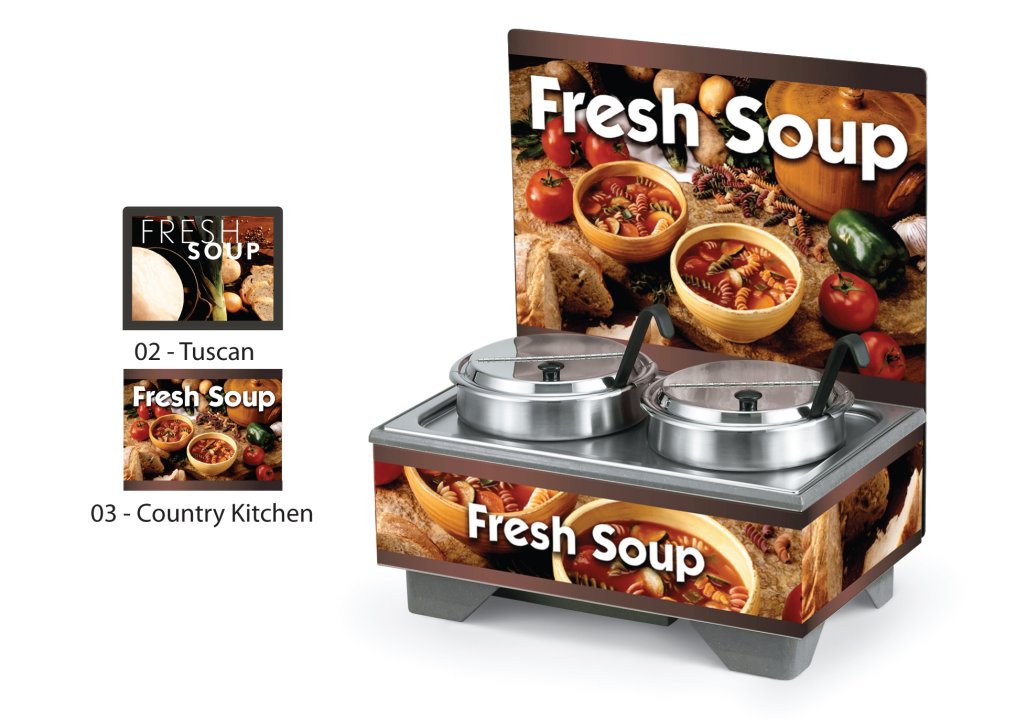 120-volt full-size soup merchandiser with menu board and Country Kitchen graphics