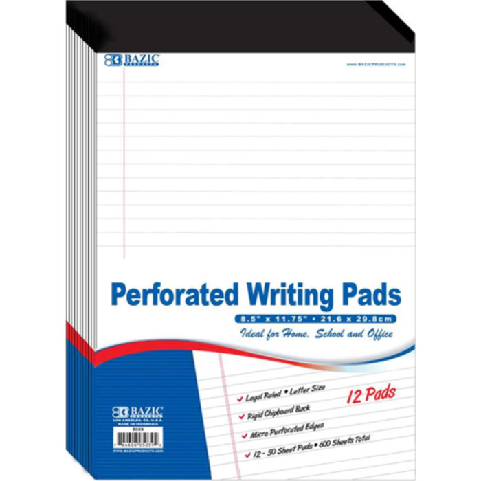 Perforated Writing Pads, 8.5" x 11.75", White, 50 Sheets, Pack of 12