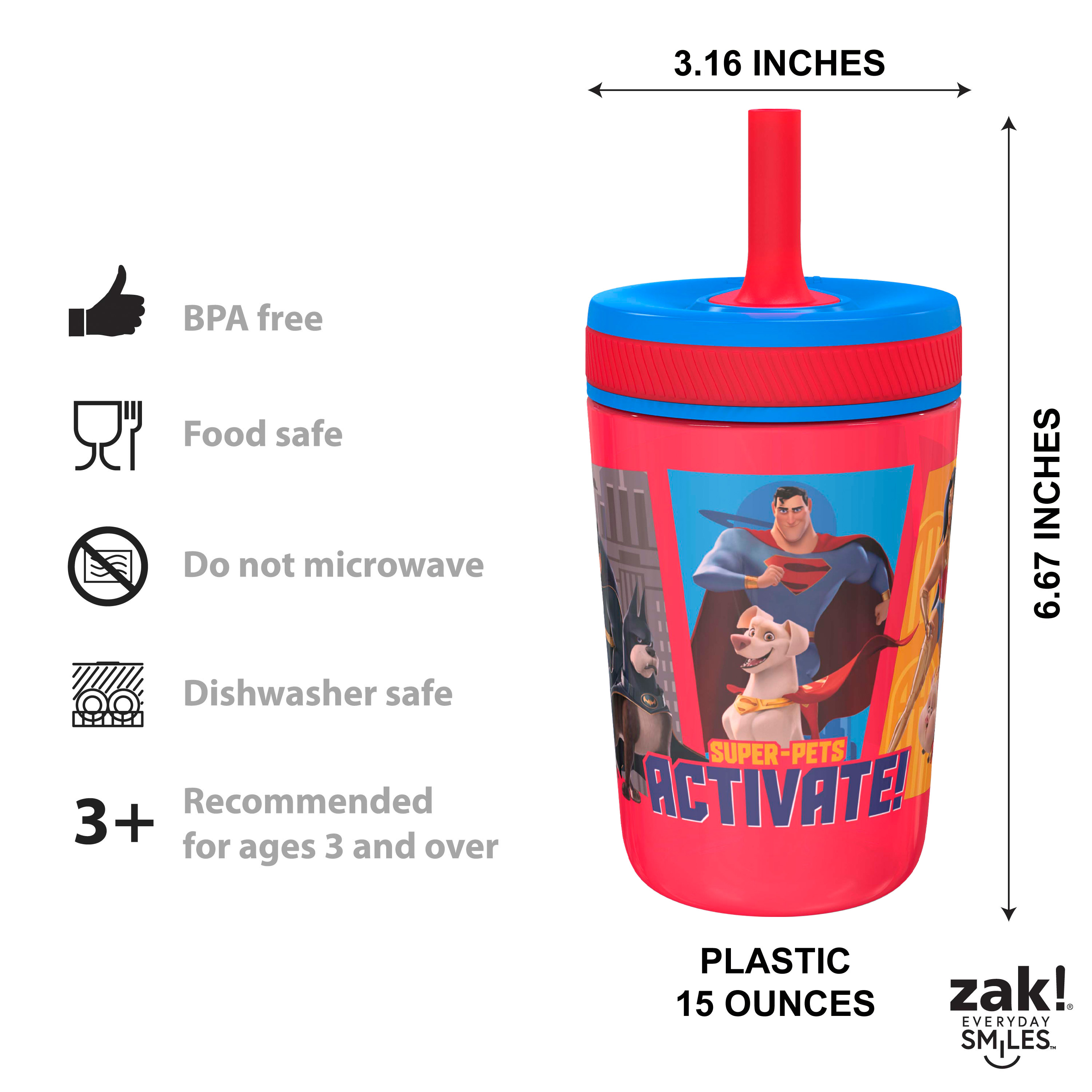 DC League of Super-Pets 15  ounce Plastic Tumbler with Lid and Straw, Superman and Krypto, 2-piece set slideshow image 4