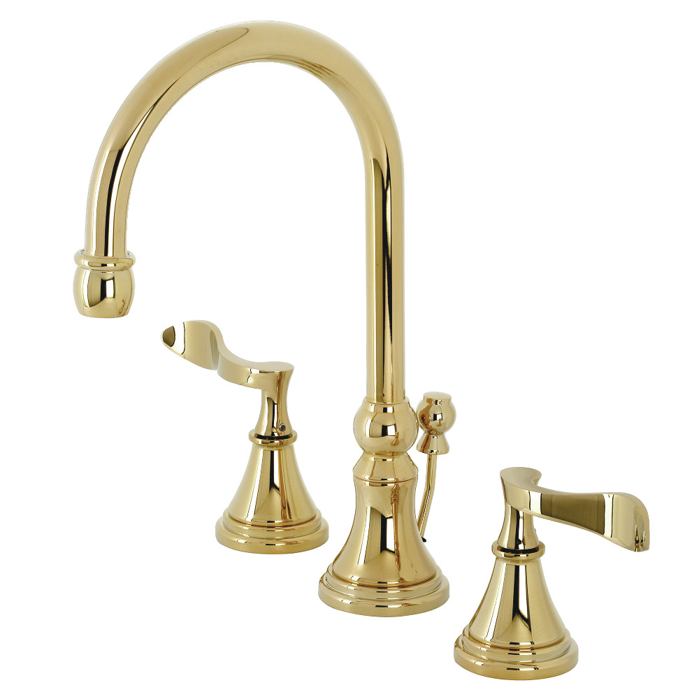 Two-Handle 3-Hole Deck Mount Widespread Bathroom Faucet with Brass Pop-Up, Polished Brass with 4 Finish Options