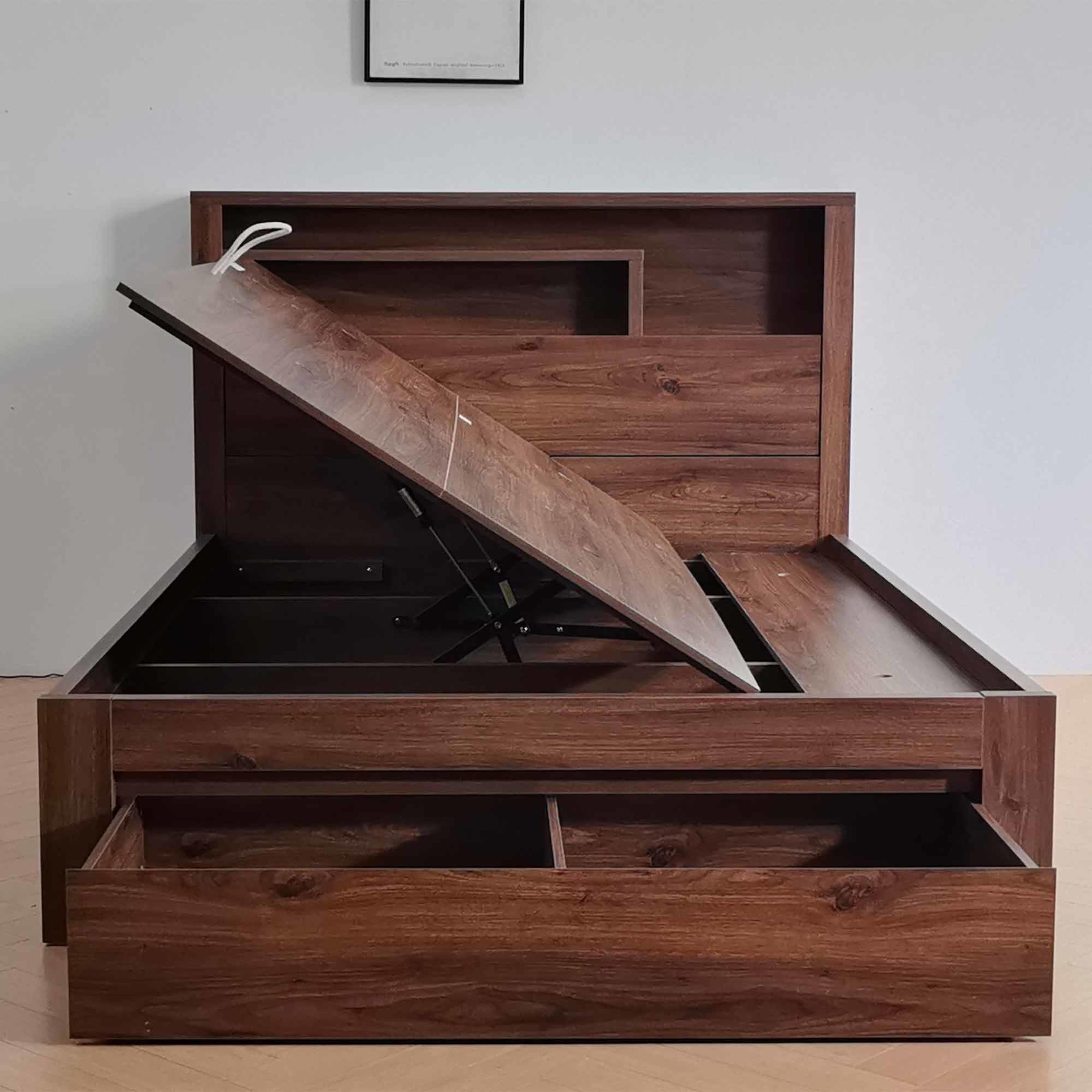 Product image of the  Bellevue Bed Frame, Side Gas Lift & End Drawer Base, Rustic Walnut from Forty Winks