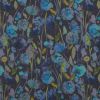 Dark navy floral fabric, close-up, displaying watercolor-style blue, turquoise and yellow flowers on slender stems; dense repeating pattern with painterly texture and muted, even lighting.