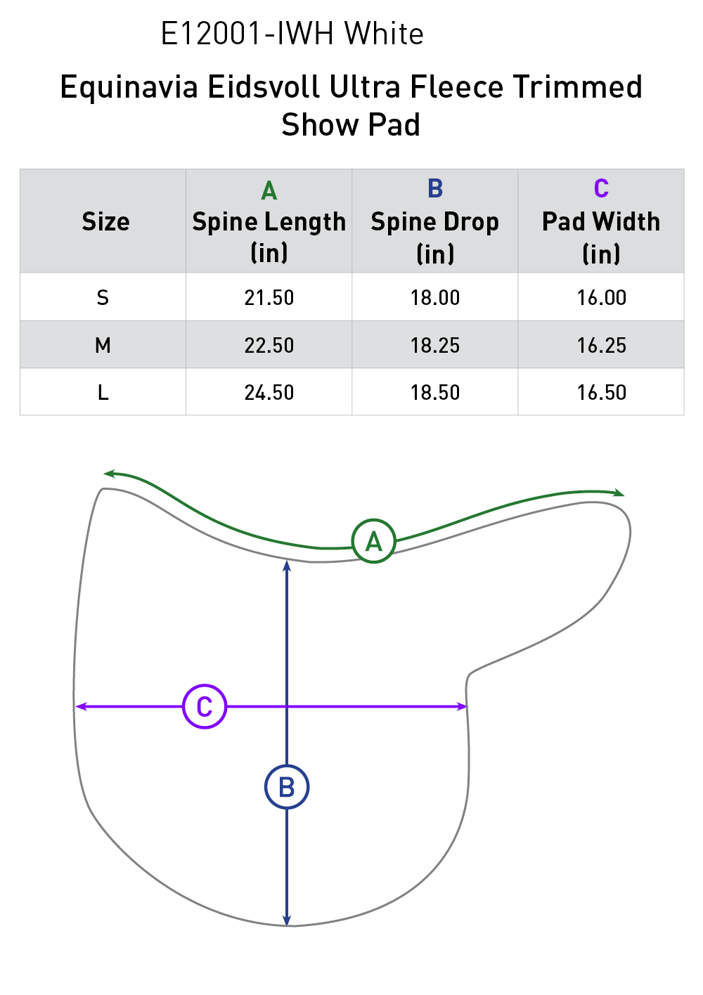 Size chart for Equinavia Eidsvoll Ultra Fleece Trimmed Show Pad - White