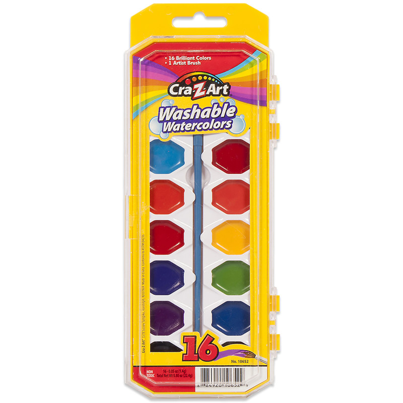 Washable Watercolors with Brush, Peggable Tray, 16 Count