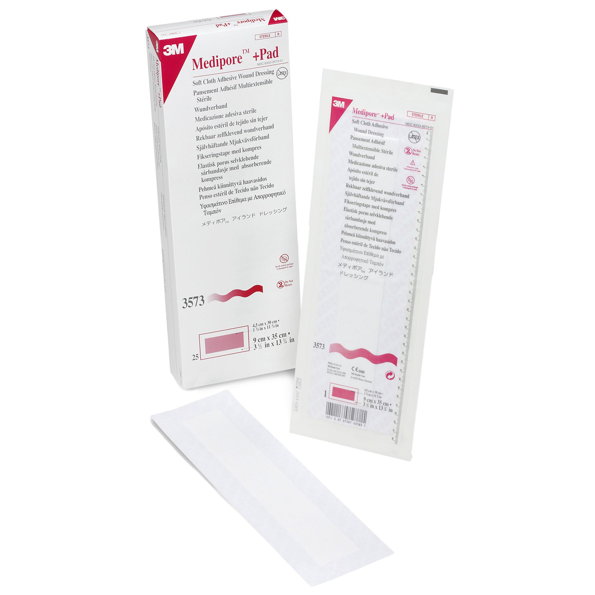 3M™ Medipore™ + Pad Soft Cloth Adhesive Dressing, 3.5 x 13.75 Inch