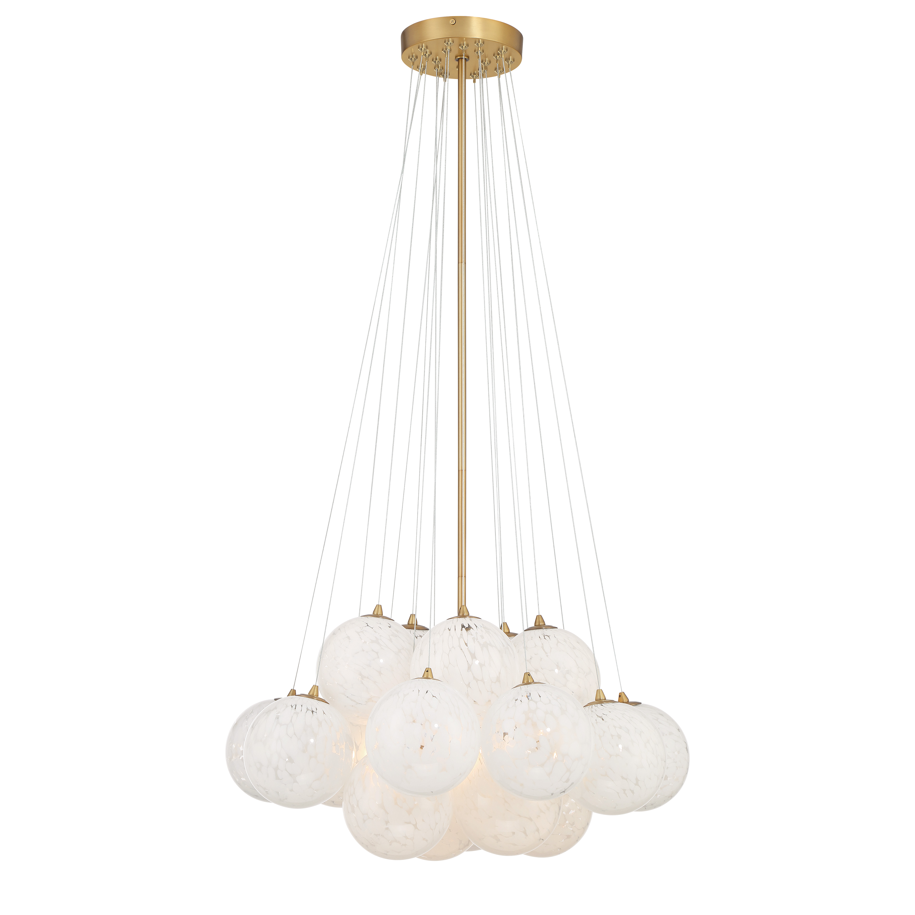The Langford pendant combines transitional elegance with contemporary flair through its Legacy Brass finish and art glass shades. At 25 inches wide, it provides substantial presence perfect for dining rooms and kitchen islands. - alternate view