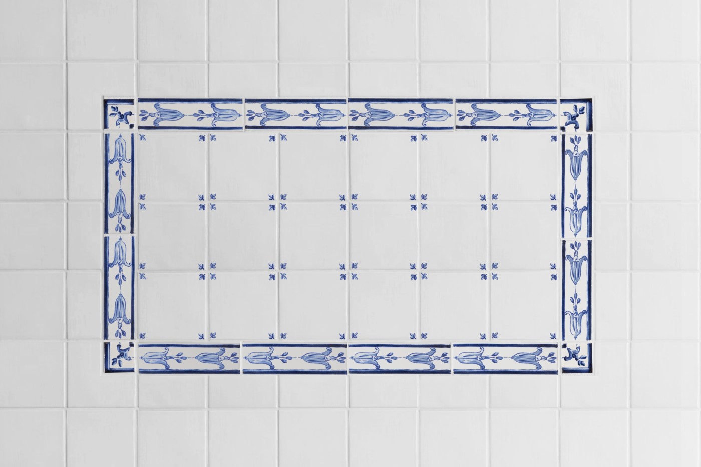 blue and white tiles in a decorative design.