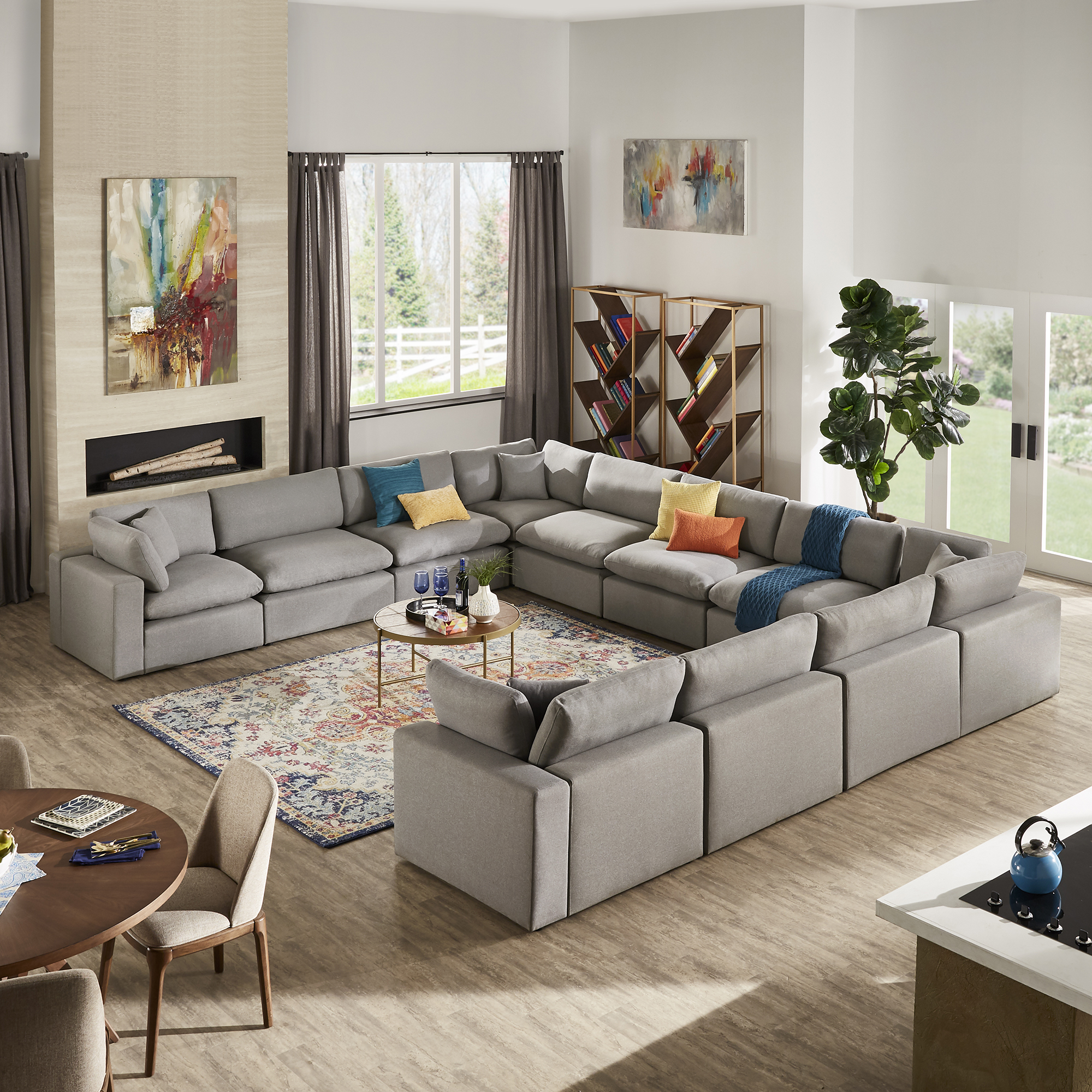 Grey Linen Weave Down Blend 11-Seat Modular Sectional Sofa