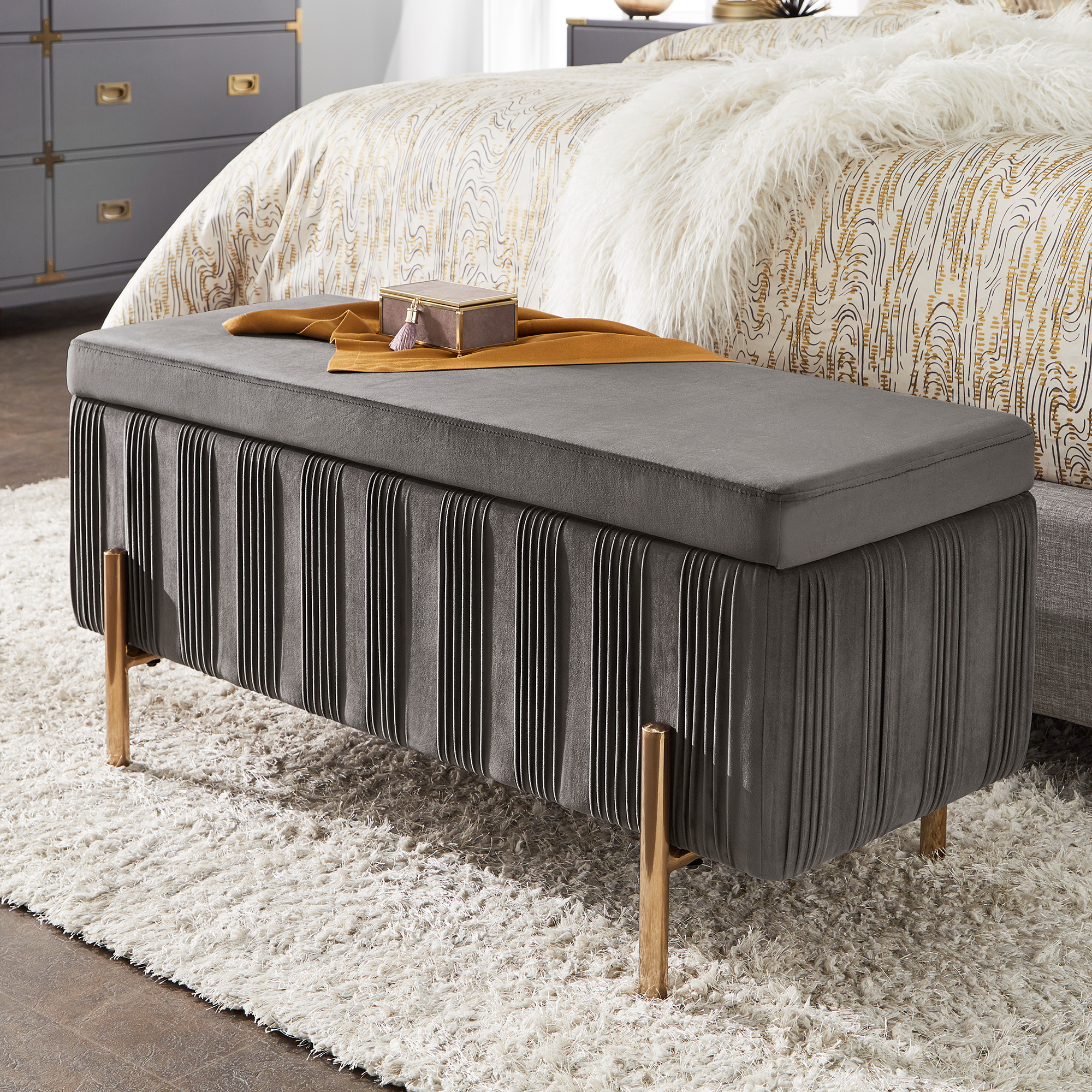 Gold Finished and Grey Pleated Velvet Lift-Top Storage Bench