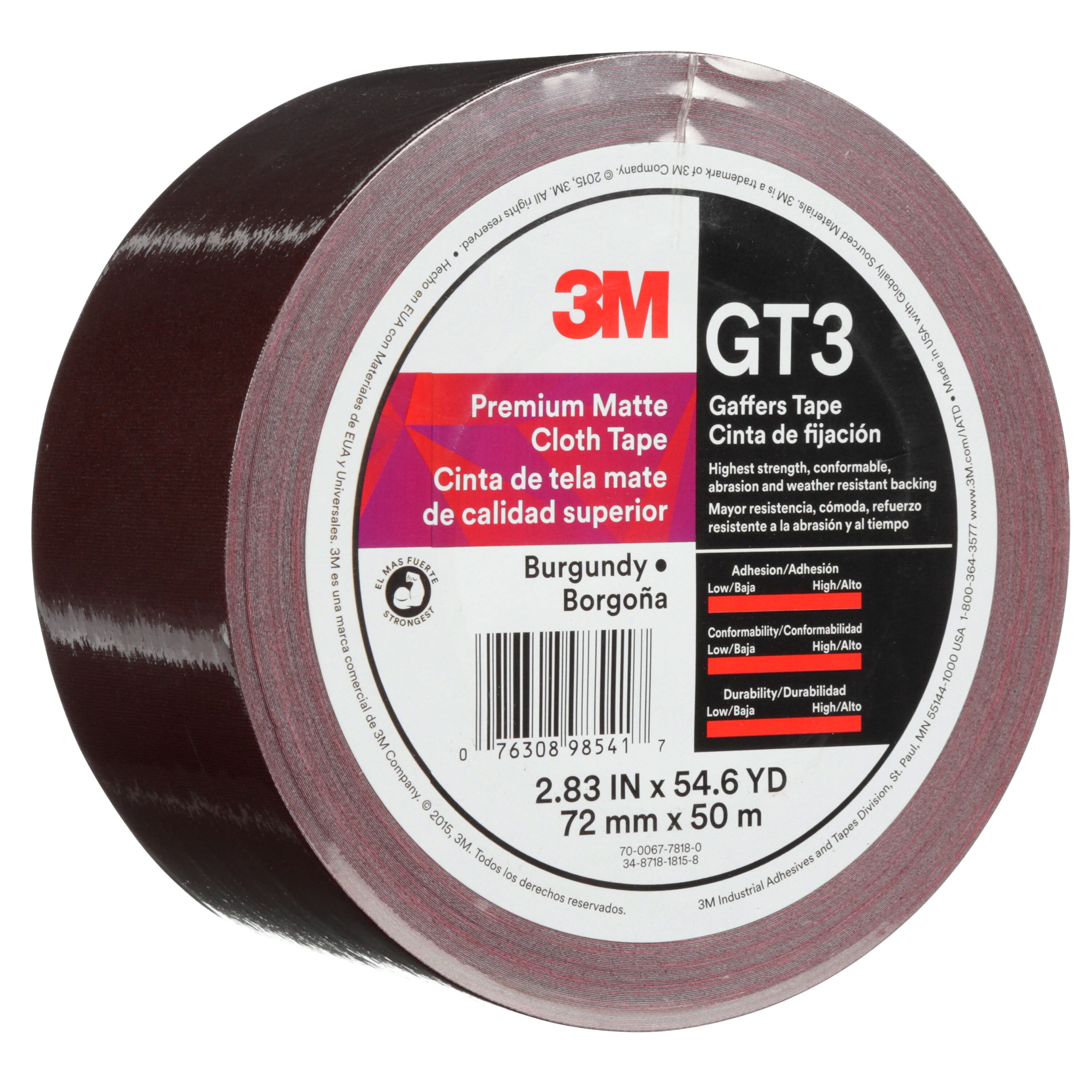 3M™ Premium Matte Cloth (Gaffers) Tape GT3, Burgundy, 72 mm x 50 m, 11
mil, 16 per case