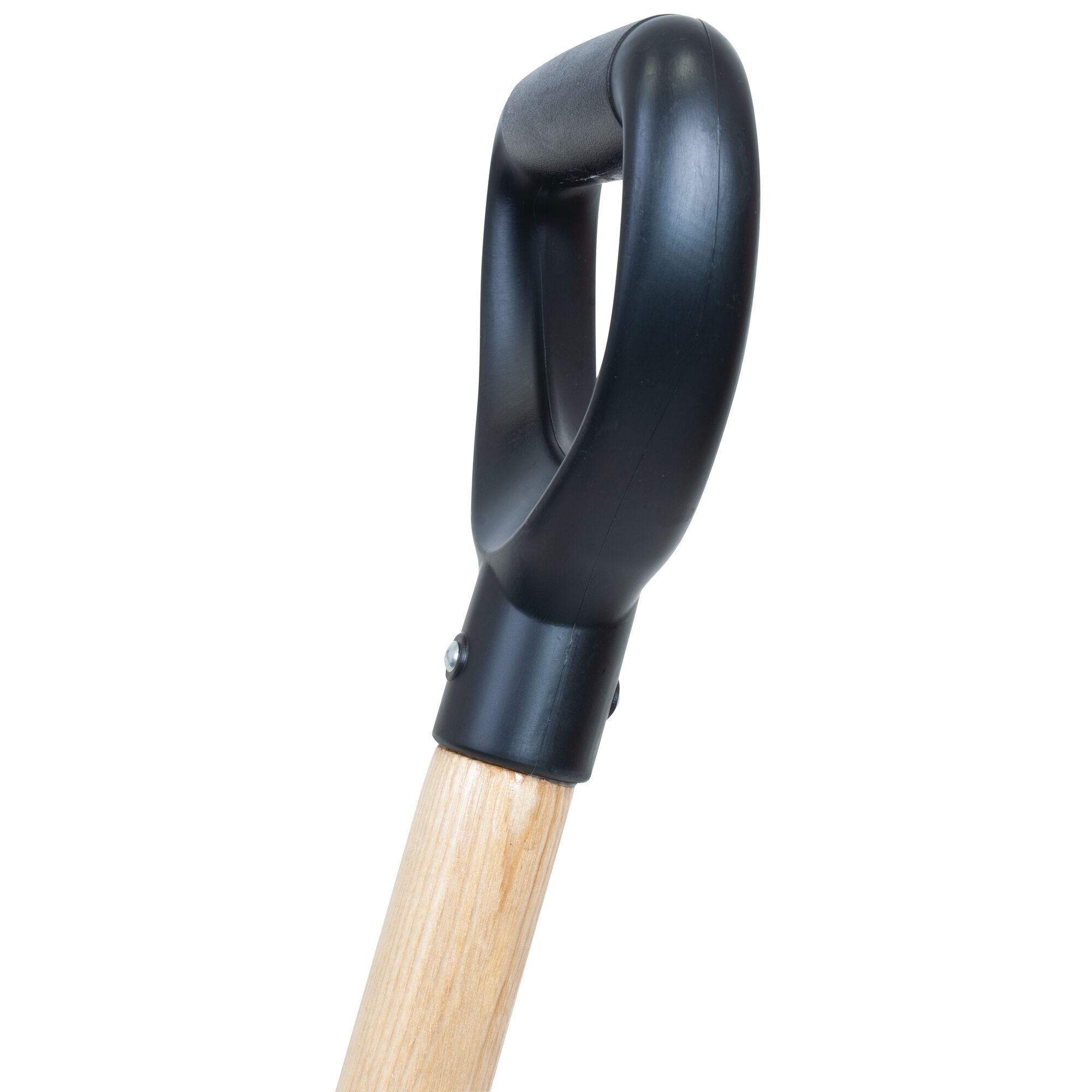 Ergonomic D grip handle feature in wood handle digging fork.