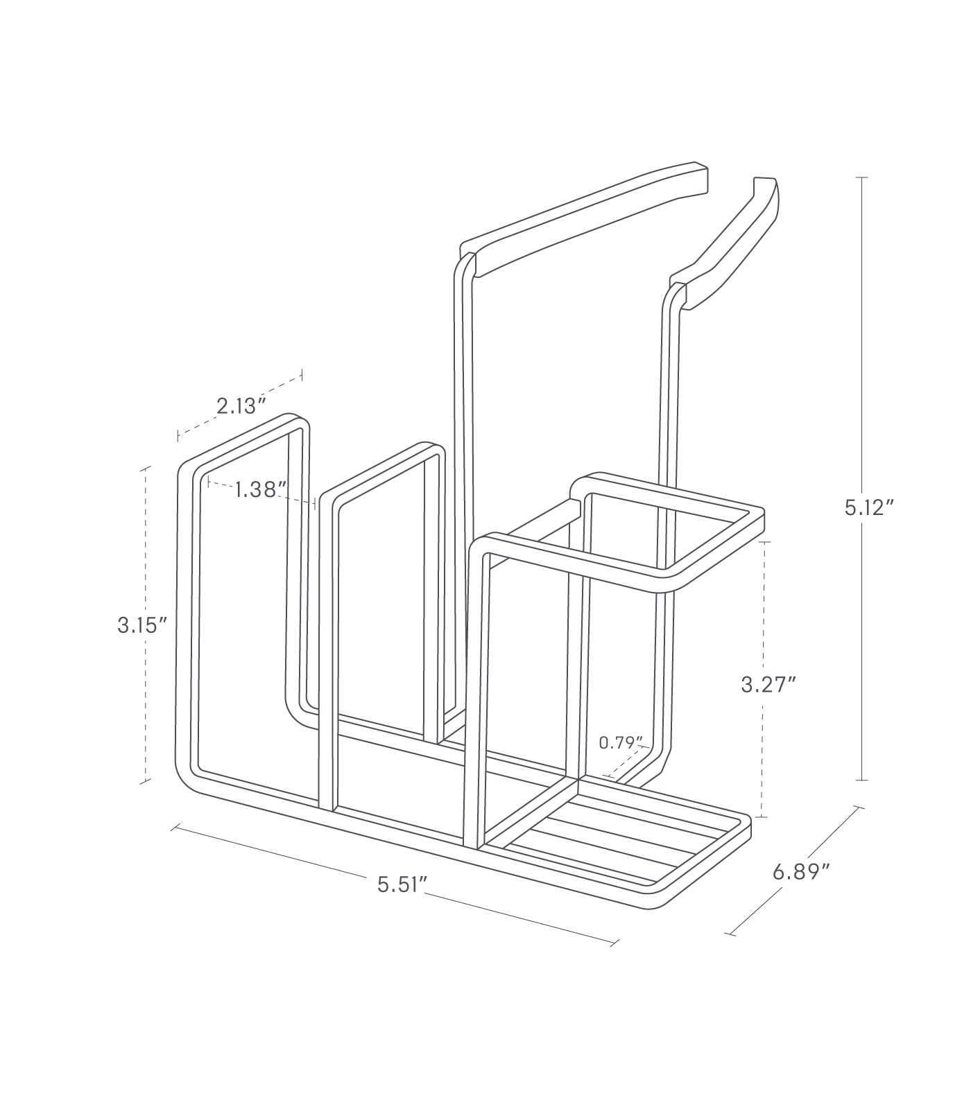 Dimension image for Faucet-Hanging Sponge & Brush Holder showing length of 5.51 inches, width of 2.13 inches and height of 5.12 inches