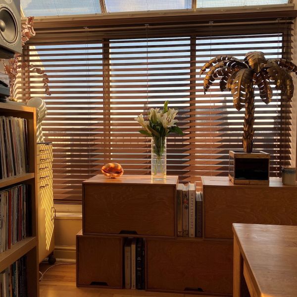 Wooden horizontal blinds, lowered across a wide window, partially open and filtering warm late‑afternoon light; in a cozy room with wooden cabinets, a vase of lilies, and a metal palm.
MAPPLETHORPE