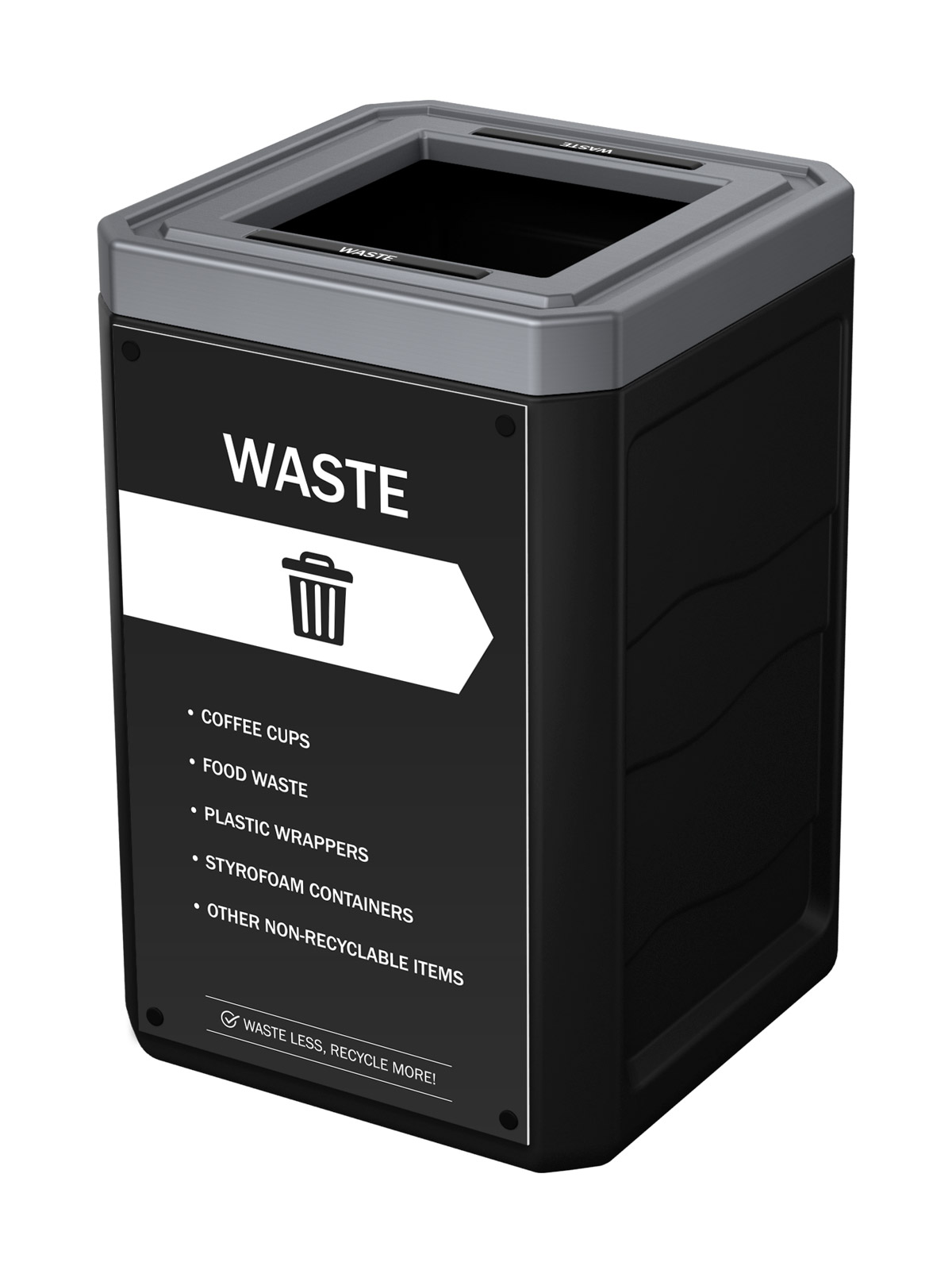 Busch Systems Outlaw Series black indoor waste container with body sign and labels