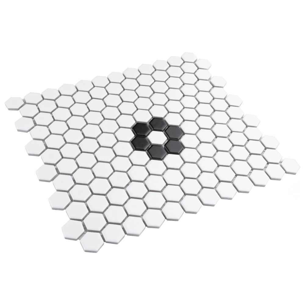 Metro 1″ Hex Matte White w/Single Flower 10-1/4 in. x 11-7/8 in. Porcelain Mosaic Tile