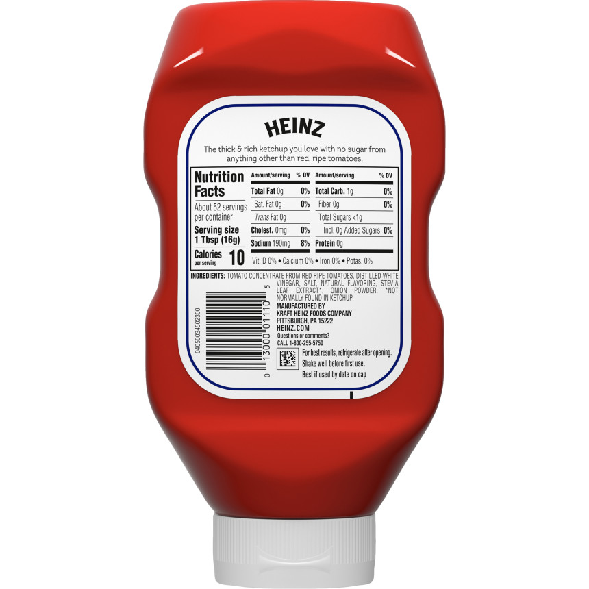  Heinz Tomato Ketchup with No Sugar Added, 29.5 oz Bottle 