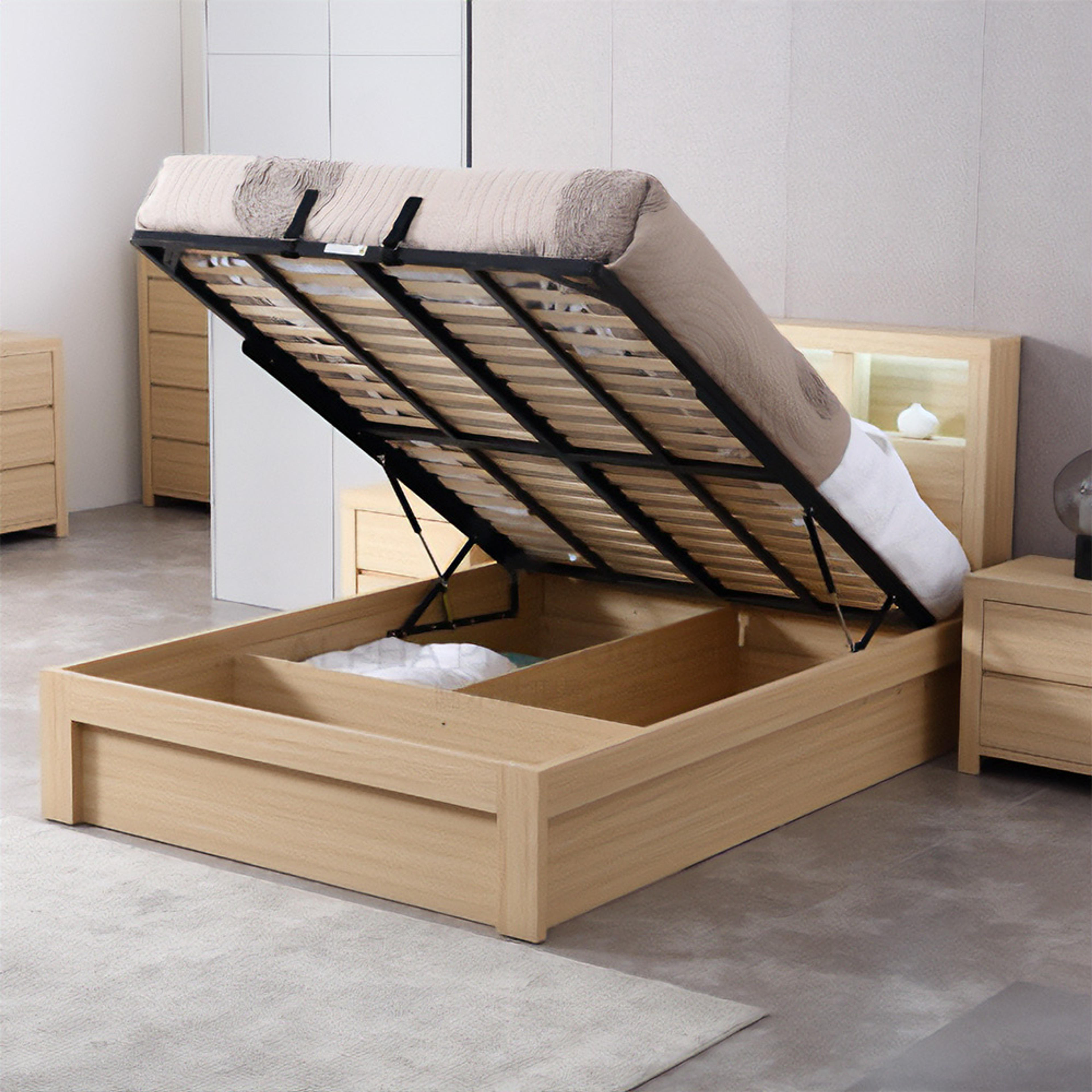 Lifestyle image of the  Lugano Bed Frame, Front Slat Gas Lift Base, Alpine Oak from Forty Winks