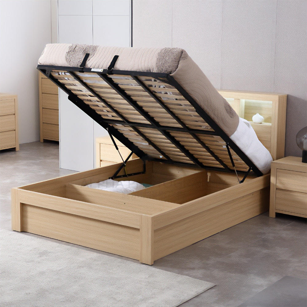 Lifestyle image of the  Lugano Bed Frame, Front Slat Gas Lift Base, Alpine Oak from Forty Winks