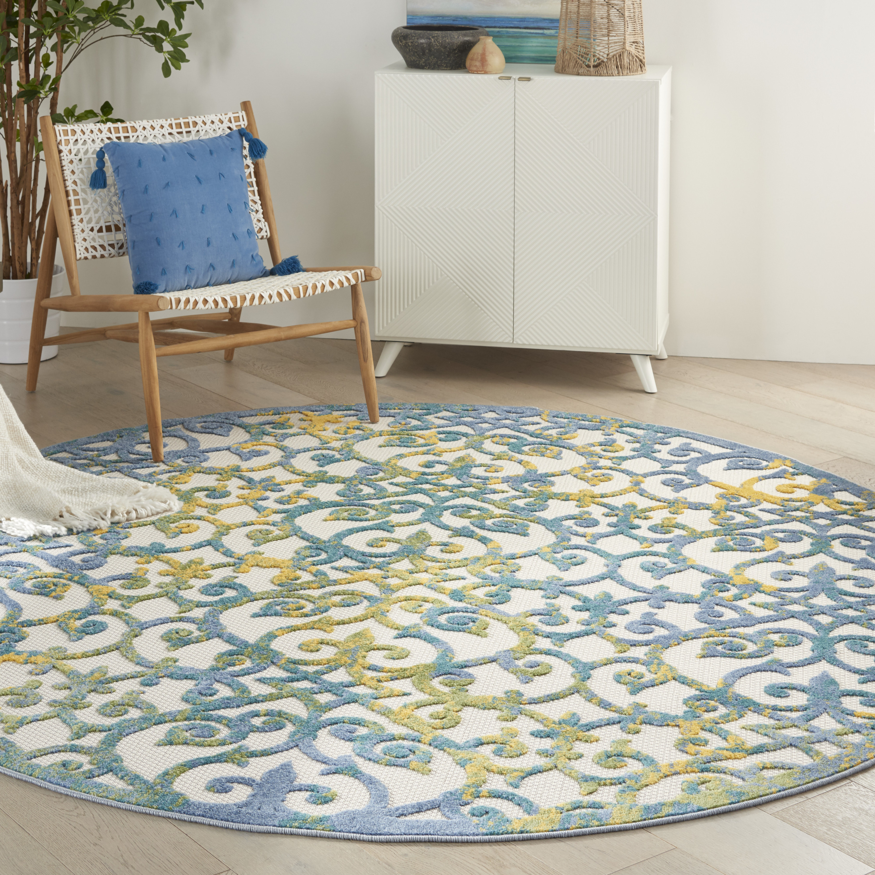 Nourison Aloha 7'10" x Round Ivory Blue Contemporary Rug