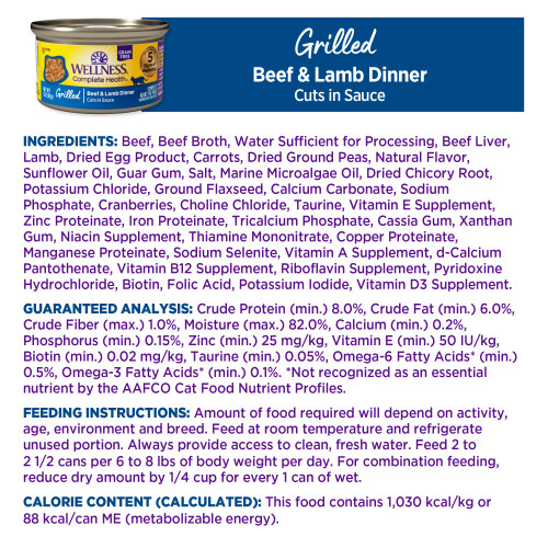<p>Beef, Beef Broth, Water Sufficient for Processing, Beef Liver, Lamb, Dried Egg Product, Carrots, Dried Ground Peas, Natural Flavor, Sunflower Oil, Guar Gum, Salt, Marine Microalgae Oil, Dried Chicory Root, Potassium Chloride, Ground Flaxseed, Calcium Carbonate, Sodium Phosphate, Cranberries, Choline Chloride, Taurine, Vitamin E Supplement, Zinc Proteinate, Iron Proteinate, Tricalcium Phosphate, Cassia Gum, Xanthan Gum, Niacin Supplement, Thiamine Mononitrate, Copper Proteinate, Manganese Proteinate, Sodium Selenite, Vitamin A Supplement, d-Calcium Pantothenate, Vitamin B12 Supplement, Riboflavin Supplement, Pyridoxine Hydrochloride, Biotin, Folic Acid, Potassium Iodide, Vitamin D3 Supplement.</p>
