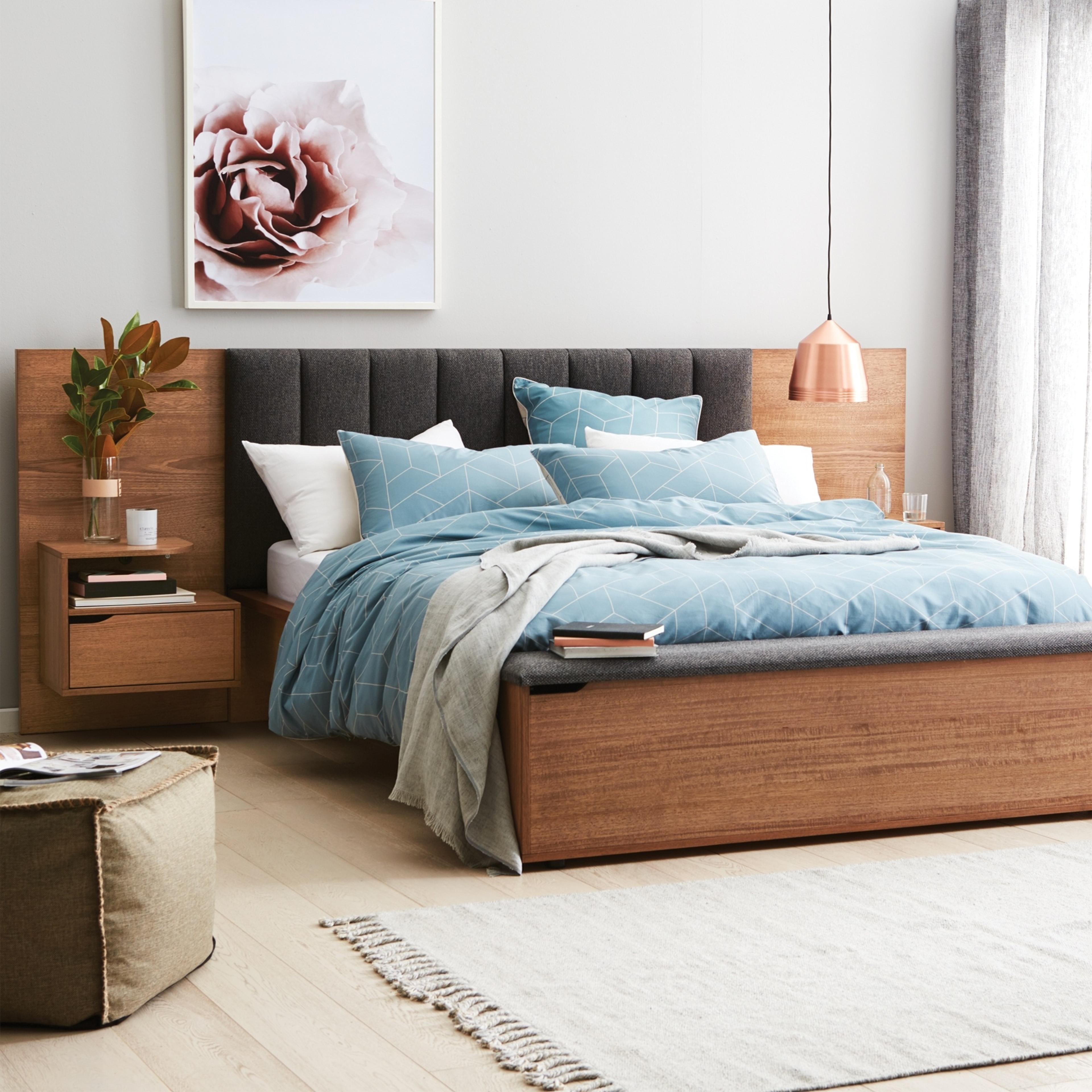 Lifestyle image of the Lincoln Bed Frame, W/ Upholstered Headboard & Storage Foot Box Base, Latte-Warwick Checkmate Slate from Forty Winks